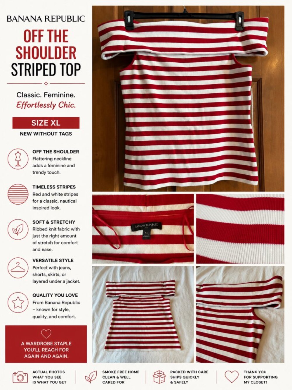 Banana Republic Off Shoulder Striped Knit Top XL Red White Ribbed Stretch Chic